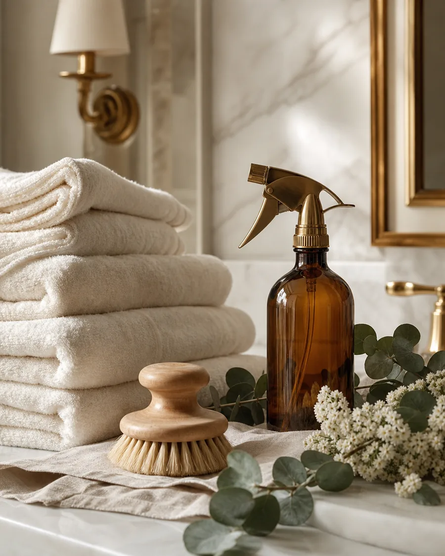 Folded cream towels, amber glass spray bottle and eucalyptus on ivory linen