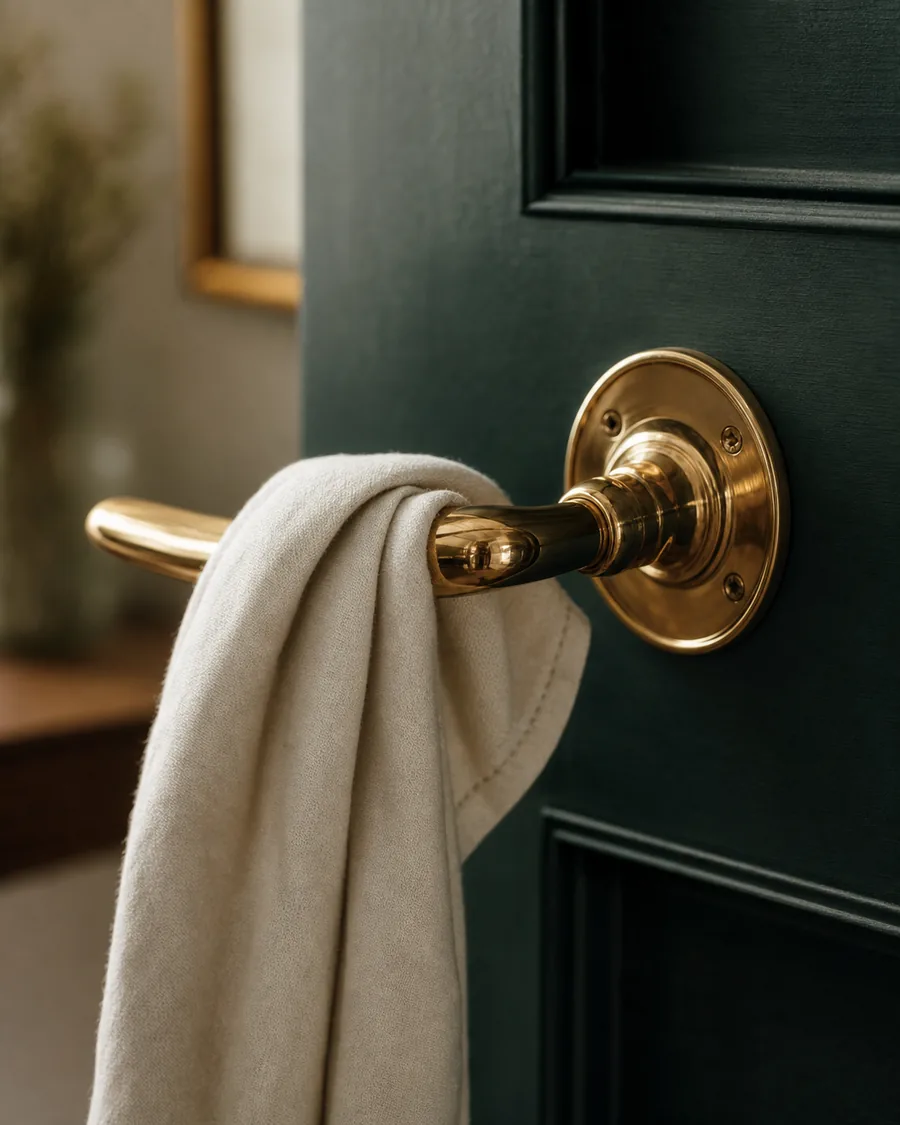 Polished brass door lever on a deep evergreen door with a soft polishing cloth